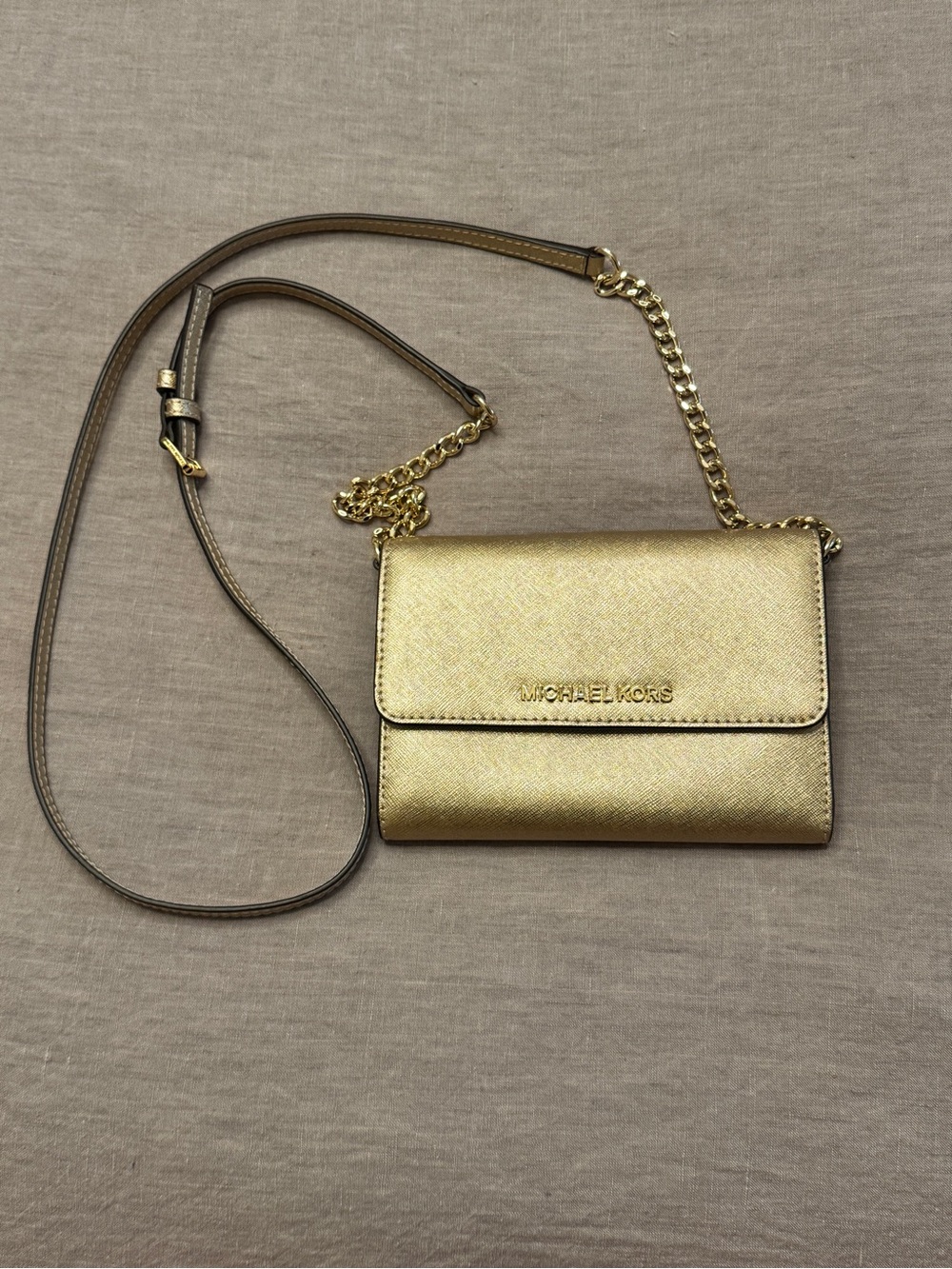 Michael Kors Saffiano Crossbody Bag in Metallic Gold NWOT